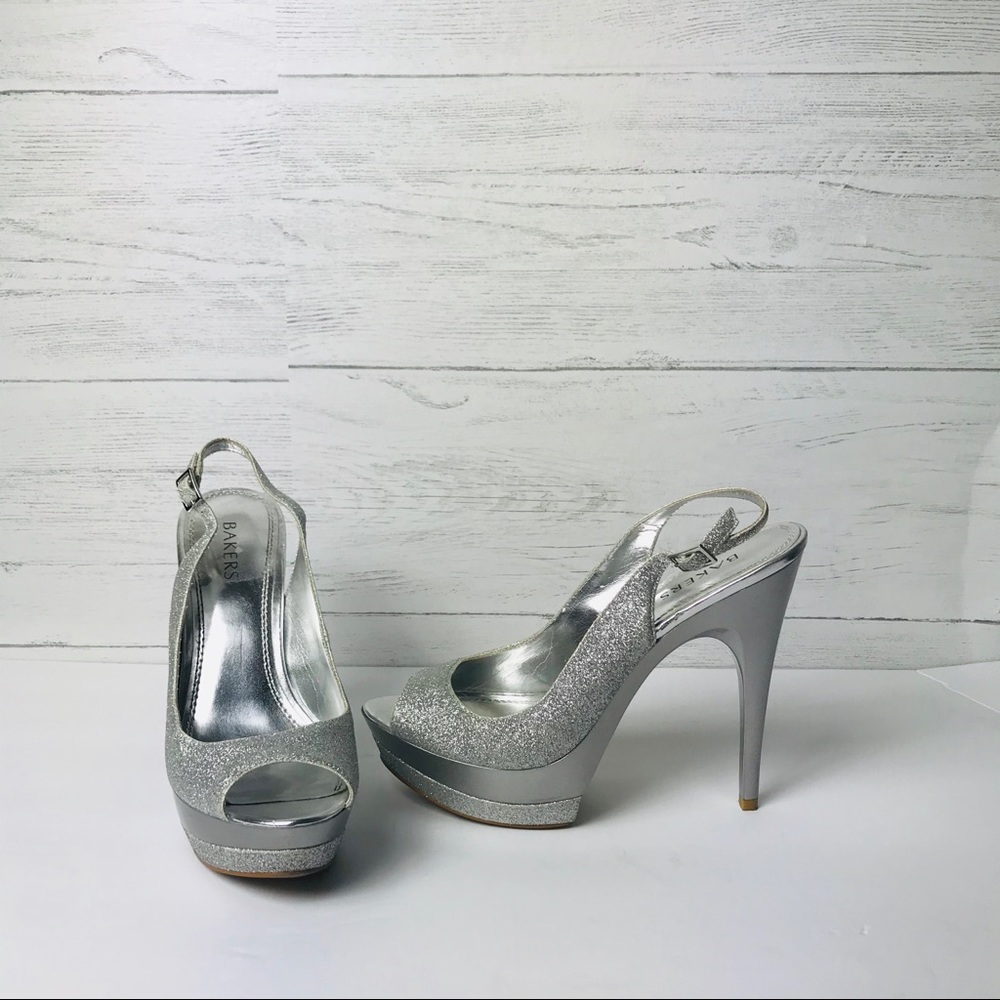 BAKERS Platform Stiletto Silver Peep Toe